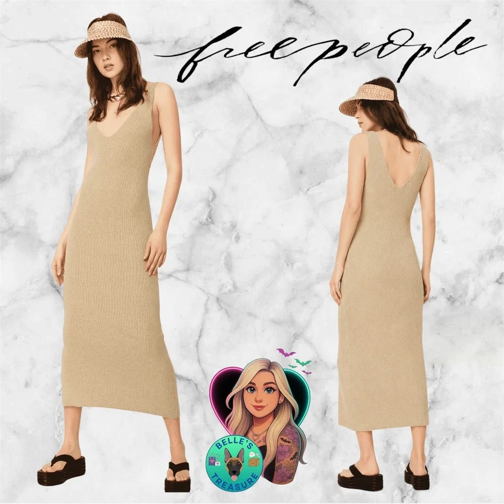 Free People Beach Daniela Sweater Ribbed V-Neck Midi Dress Tan Tank Womens Large